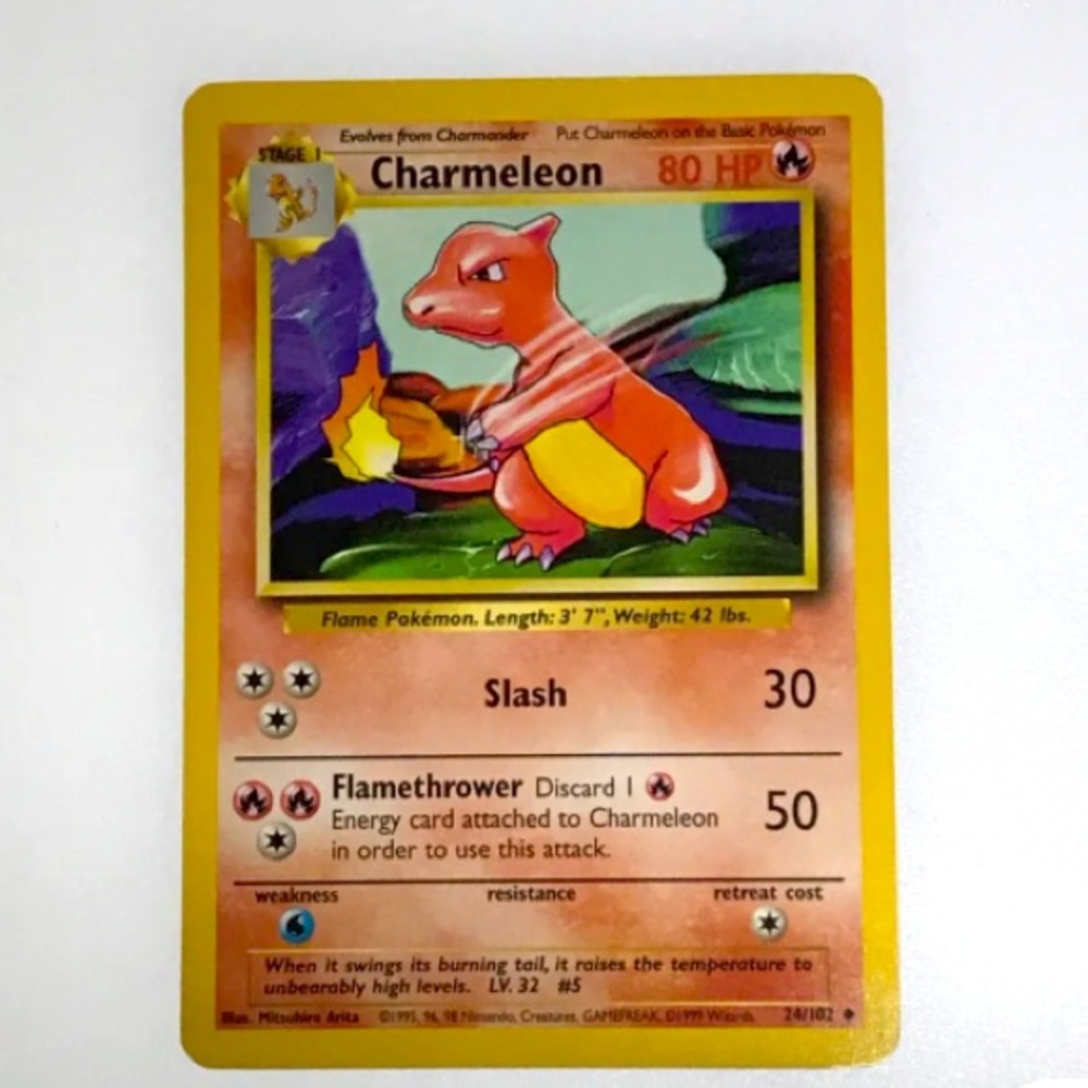RARE Stage 1 Pokemon Charmeleon Card 24/102, 1995 80 HP SLASH FLAMETHROWER 9/10*